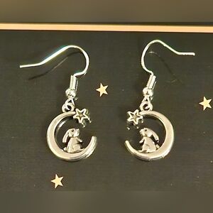 Silver Crescent Moon and Star Earrings With Adorable Bunny And Star